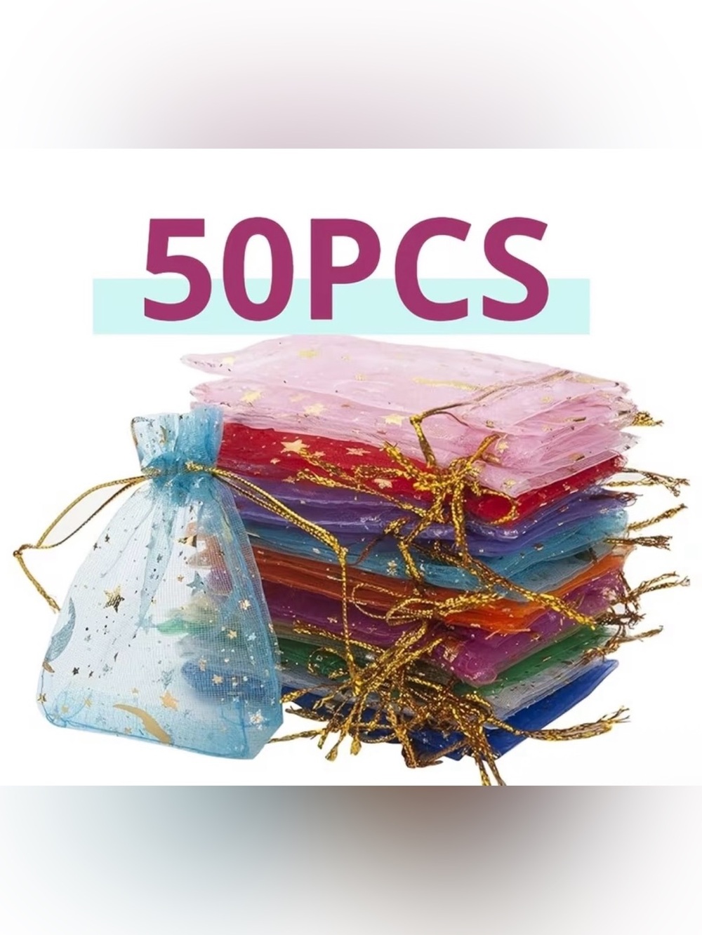 Gold Star Organza Drawstring Favor Bags - Assorted Colors, 50pcs